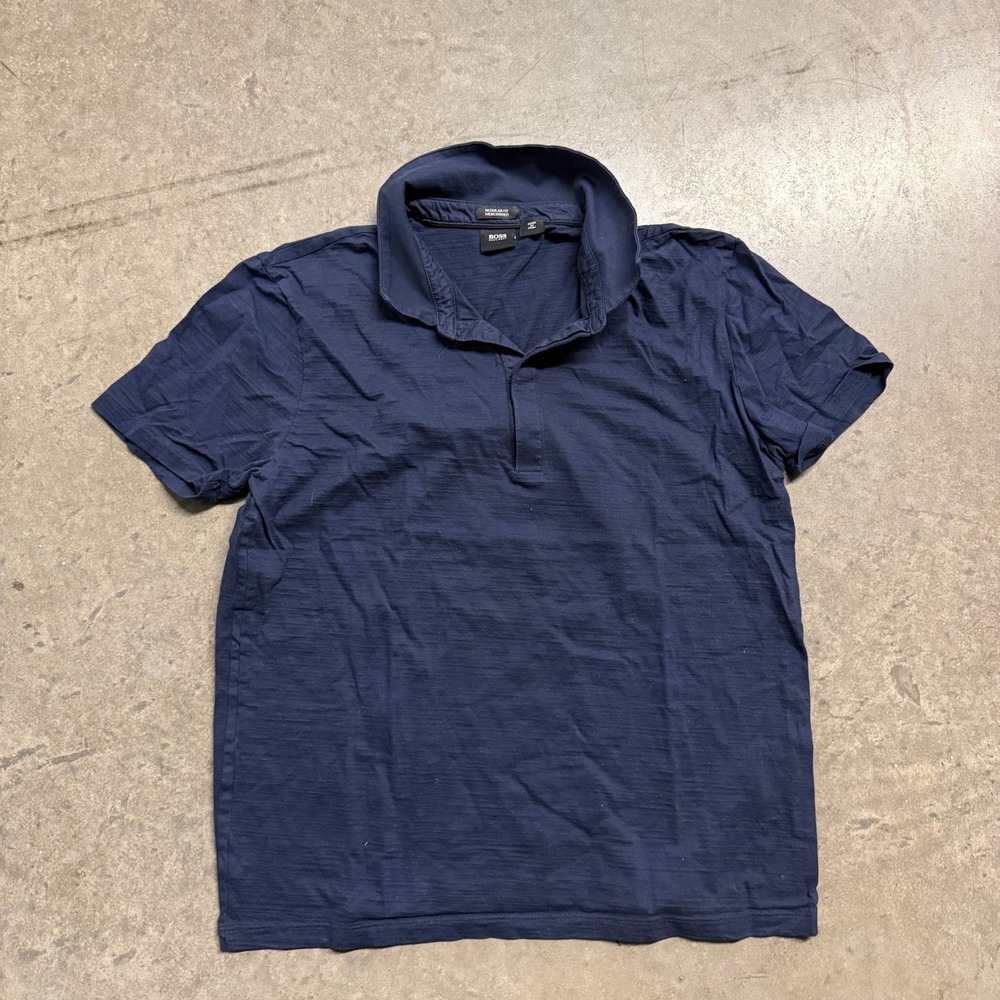 Hugo Boss Mens Navy Blue Mercerised Cotton Regular Fit Polo Shirt Size L